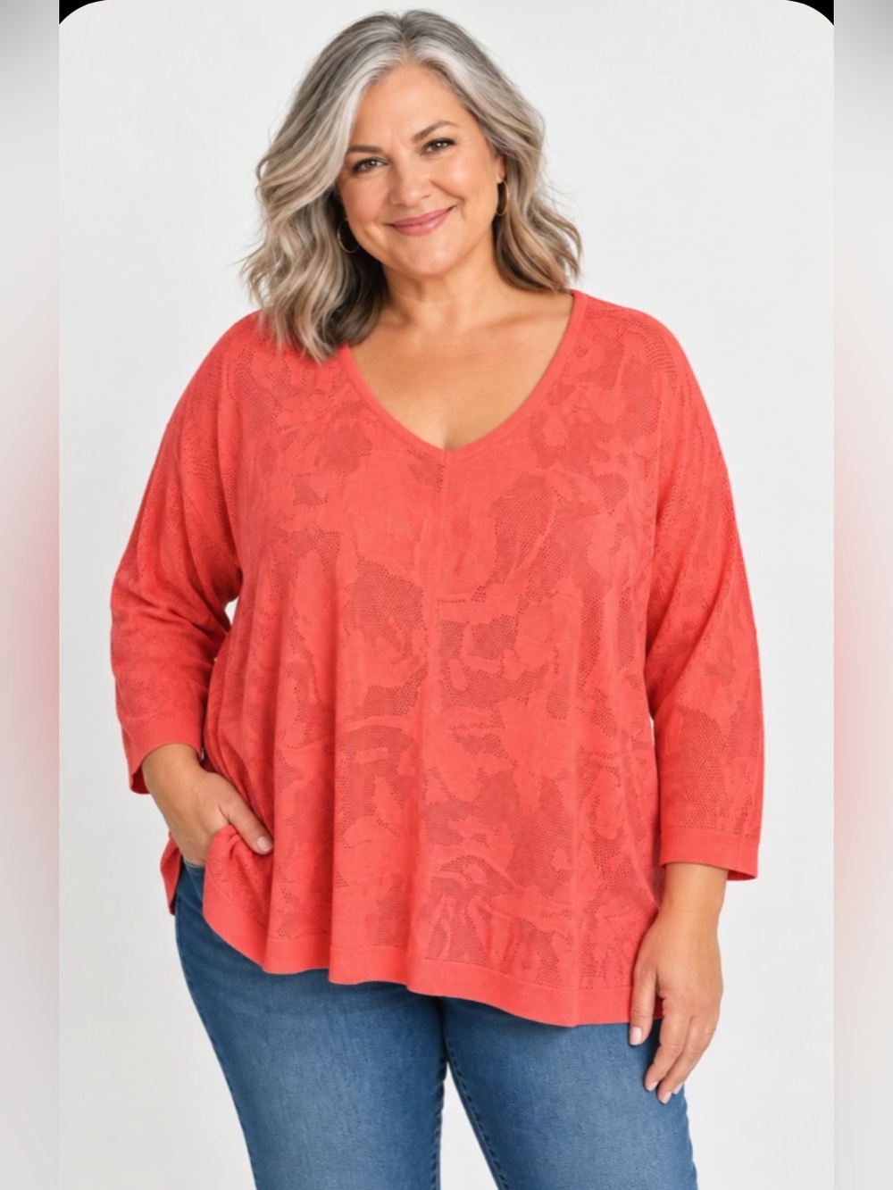 Lane Bryant Coral V-Neck Floral Textured Knit Cardigan 26/28 (4x) Back Zip
